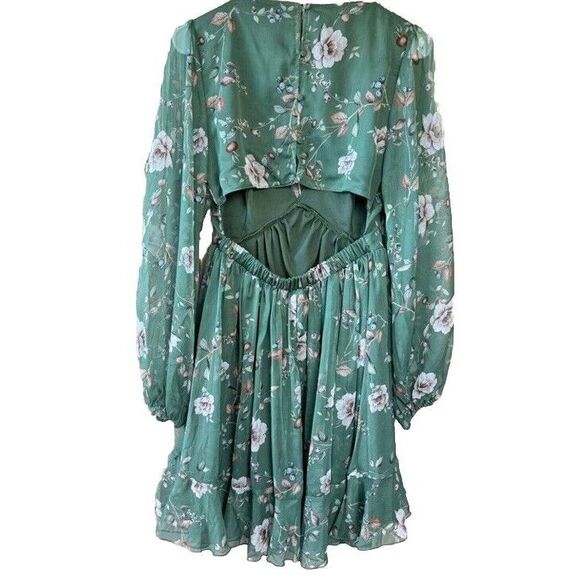 Lulu's endless charisma Green Floral pleated open back chiffon Mini Dress Medium - Picture 5 of 12